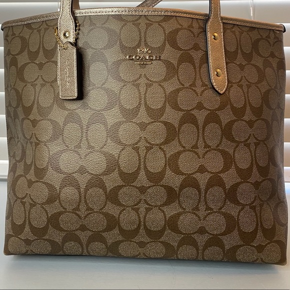 Coach Handbags - Coach Signature Khaki Gold Zip Top Tote